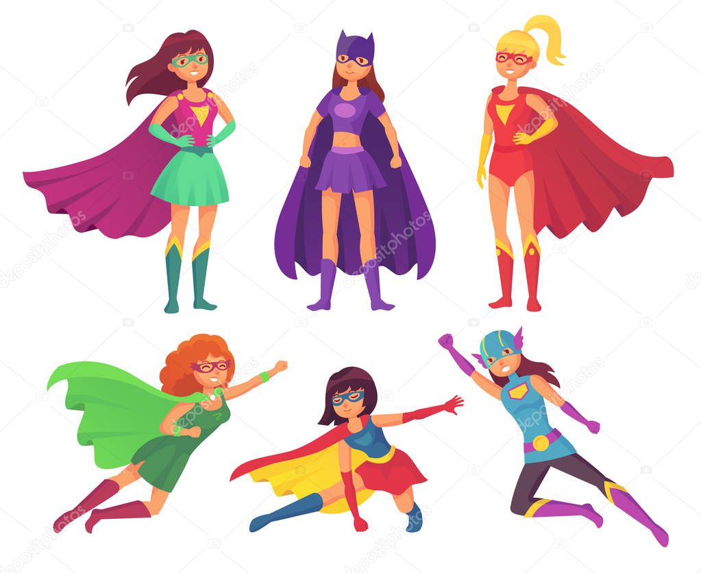Superheroes women characters. Wonder female hero character in superhero costume with waving cloak. Super girls cartoon vector set