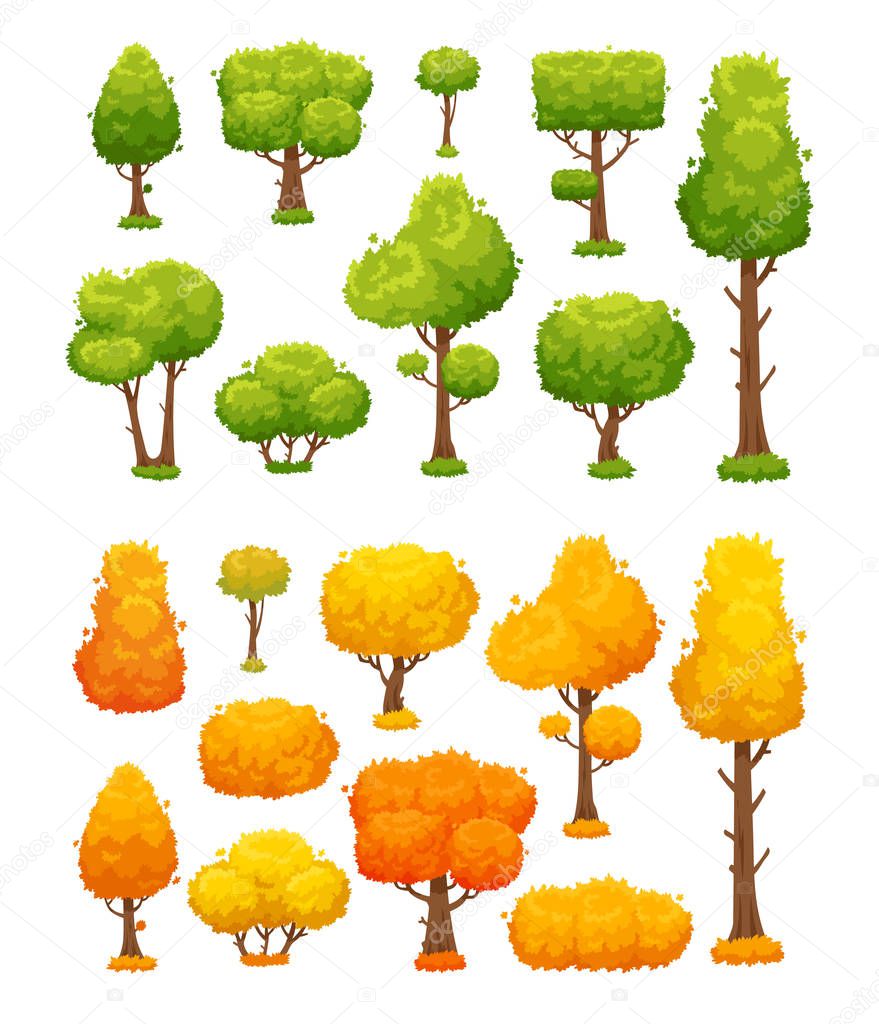Cartoon tree. Cute wood plants and bushes. Green and yellow autumn trees vector landscape elements