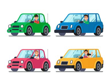 Araba sürücüsü. Kadın ve erkek sürücüler otomobillerde pencereden dışarı bakıyor. Araç vektör çizim karikatür kişi seyahat