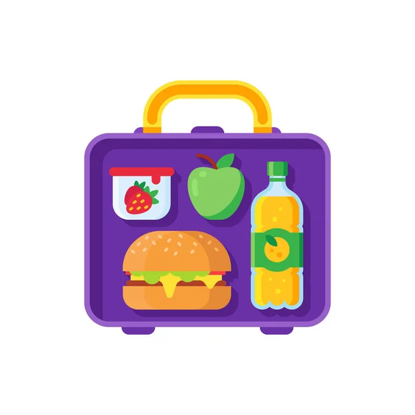 School lunch in lunchbox. Healthy dinner in food box. Schoolkid meal metal bag with sandwich, apple and snacks cartoon vector illustration — Stock Vector
