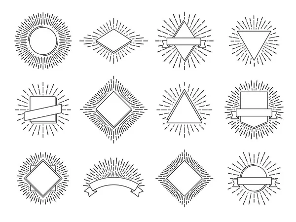 Etiquetas Sunburst. Logos de rayos solares retro. Vintage emblema de salida del sol heráldico con marco de líneas. Sol estallido vector logo conjunto — Archivo Imágenes Vectoriales