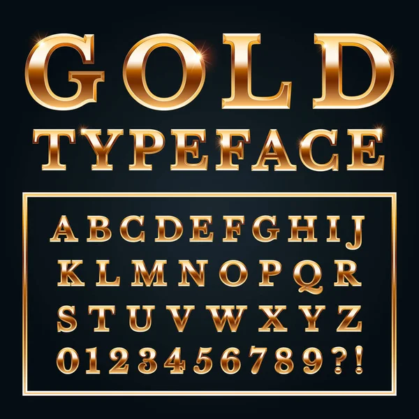 Letras douradas com gradientes de metal brilho dourado. Alfabeto brilhante e números serif fonte para ilustração vetor de letras de luxo —  Vetores de Stock