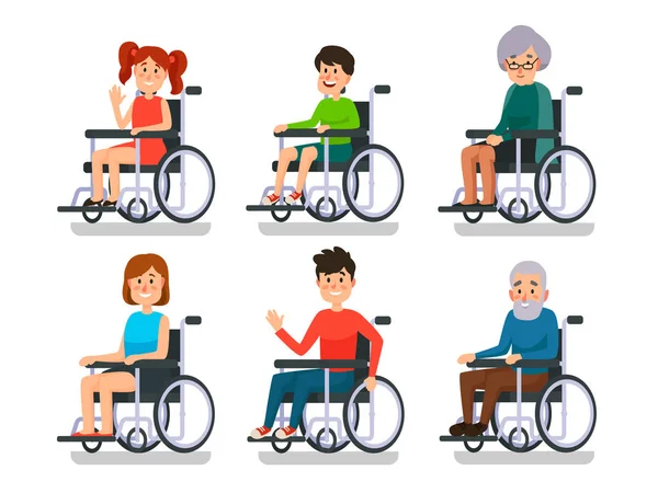 Personas en silla de ruedas. Paciente del hospital con discapacidad. Muchacho y niña discapacitados, hombre mujer y ancianos en sillas de ruedas vector conjunto — Vector de stock