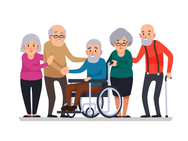 Cartoon old people. Happy aged citizens, disabled senior on wheelchair and elderly citizen with a cane cartoon vector illustration — Stock Vector