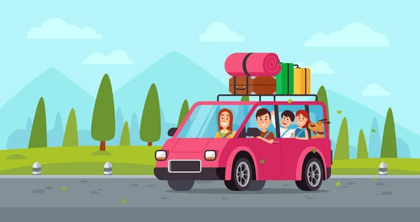 Tecknad familj resa i bil. Lycklig far, mor och barn drive på semesterresa med bagage. Resor vektorillustration — Stock vektor