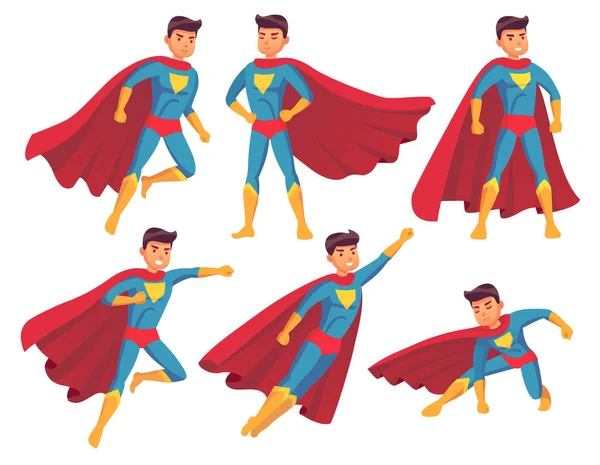 stock vector Cartoon superhero character. Muscular male standing in super cool pose in superheroes costume with waving cloak. Hero vector collection