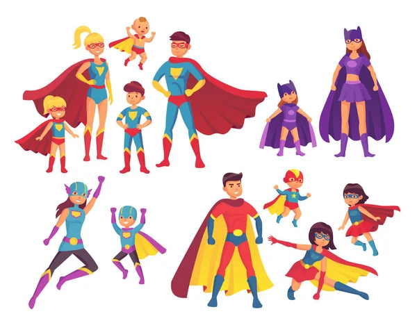 Superhero karakter keluarga. Superheroes karakter dalam kostum dengan jubah pahlawan. Wonder mom, super dad and children heroes vector set - Stok Vektor