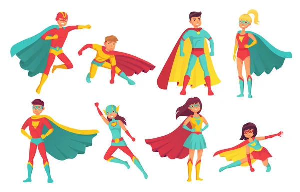 Cartoon superhero characters. Female and male flying superheroes with superpowers. Brave superman and superwoman isolated vector set — Stock Vector