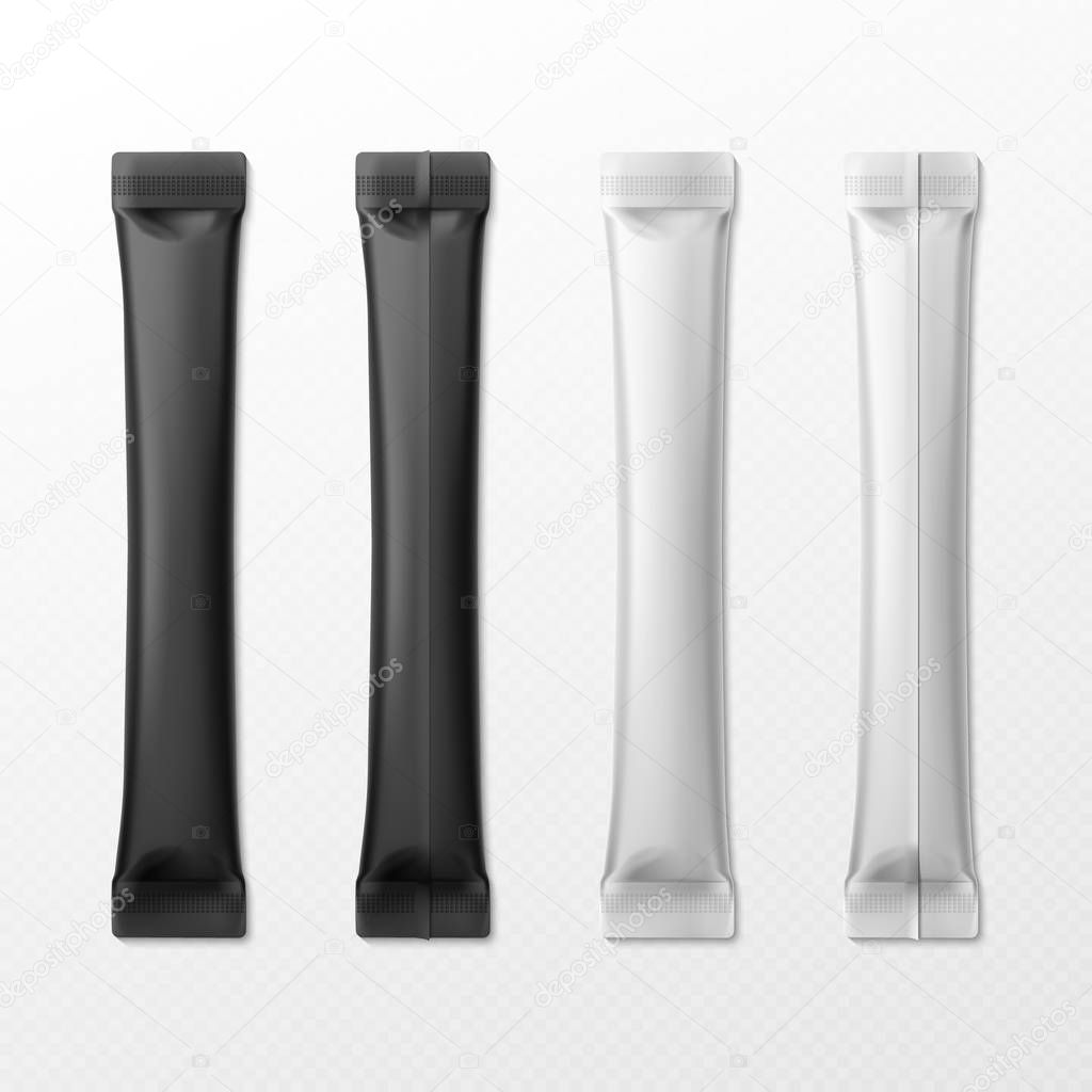 Blank sticks. Sugar pack, salt or coffee stick packing. Cappuccino foil. Food products packings isolated vector set