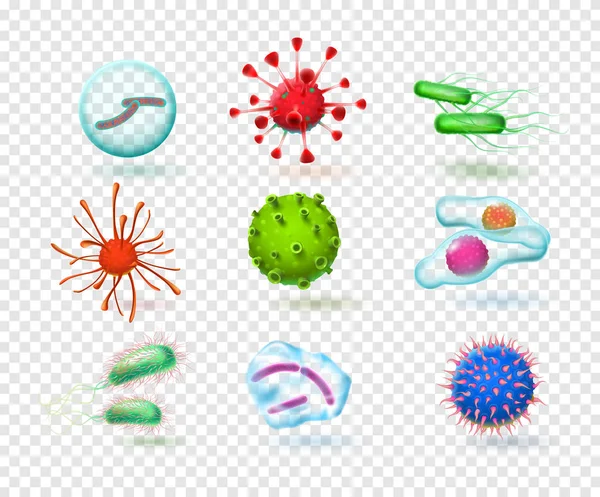 Vírus realistas. bactérias germes microrganismo. células de infecção microscópica 3d. Conjunto de vetores isolados — Vetor de Stock