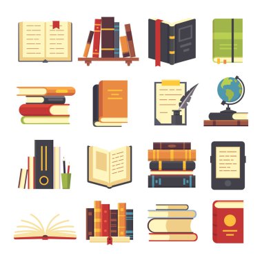 Düz kitaplar simgeler. Dergiler yer işareti, geçmiş ve açık bilim kitap yığını. Ansiklopedi kitaplığını vektör çizim raflar