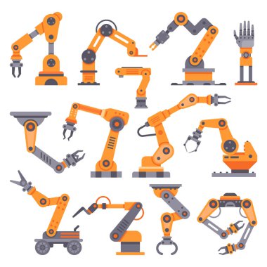 Düz üretim robot kol. Otomatik robot kollar, otomatik fabrika konveyör Endüstri/sanayii donatımı. Elektronik robotlar eller vektör set