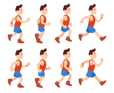 Düz çalışan adam. Atletik çocuk animasyon kare dizisini çalıştırın. Runner erkek eşofman, bacaklar animasyonlar vektör çizim karikatür