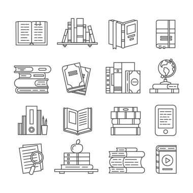Sanat kitap simgeleri sıraya. Edebiyat dergilerine, çalışma günlüğü ve İncil. Açık ders kitabı, ebook ve radyo sinyalleriyle iletilen kitap ince simge vektör seti anahat