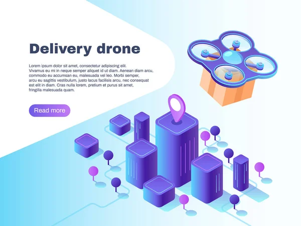 Moderno sistema de entrega futurista com drone não tripulado. Helicóptero de voo entregando ilustração conceito de vetor de parcela —  Vetores de Stock