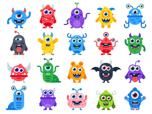 Schattige cartoon monsters. Halloween vrolijke monster stripfiguren. Grappige duivel, lelijke vreemdeling en glimlach schepsel platte vector set — Stockvector