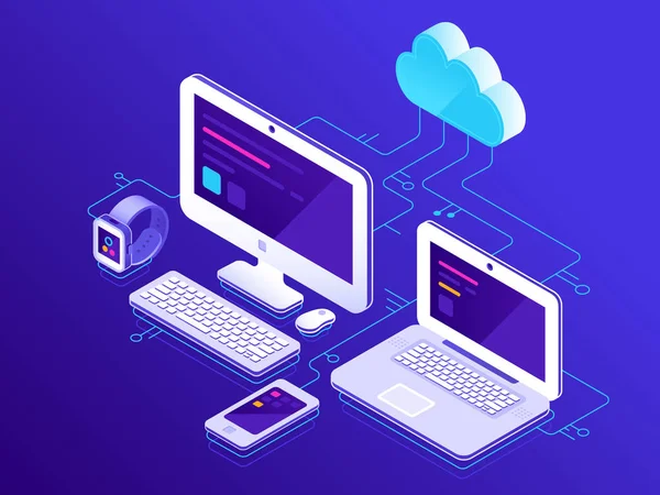 Almacenamiento en nube. Dispositivos informáticos conectados al servidor de datos. Ordenadores portátiles tableta y teléfono inteligente conexión segura vector ilustración — Archivo Imágenes Vectoriales