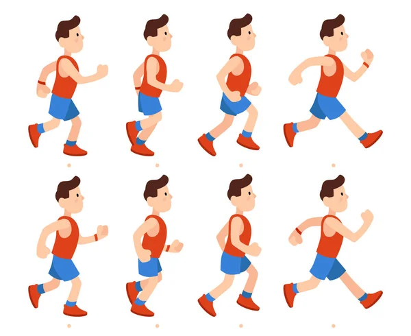 Un coureur plat. Le garçon athlétique exécute une séquence d'images d'animation. Chemin mâle en survêtement, jambes animations dessin animé vectoriel illustration — Image vectorielle