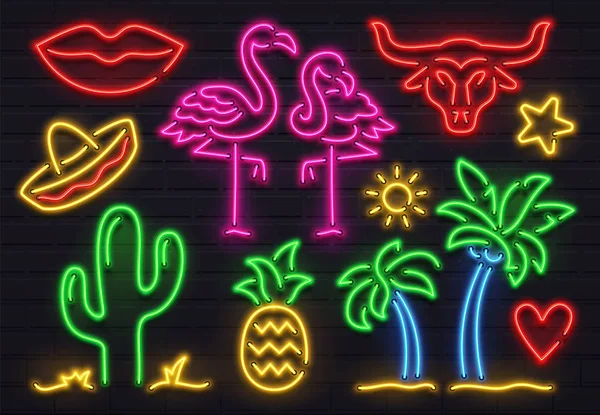 Segno neon moda retrò. Cactus fluorescente lucente, fenicottero rosa e segni di toro. Set vettore di palma, sombrero e ananas luminosi — Vettoriale Stock