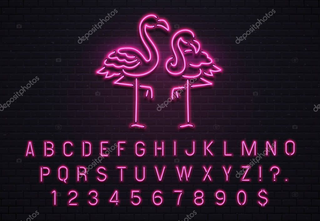 Flamingo neon sign. Pink 80s font. Tropical flamingos electric glow bar billboard logo with fluorescent purple light bulb letters text and numbers symbols vintage decoration vector illustration