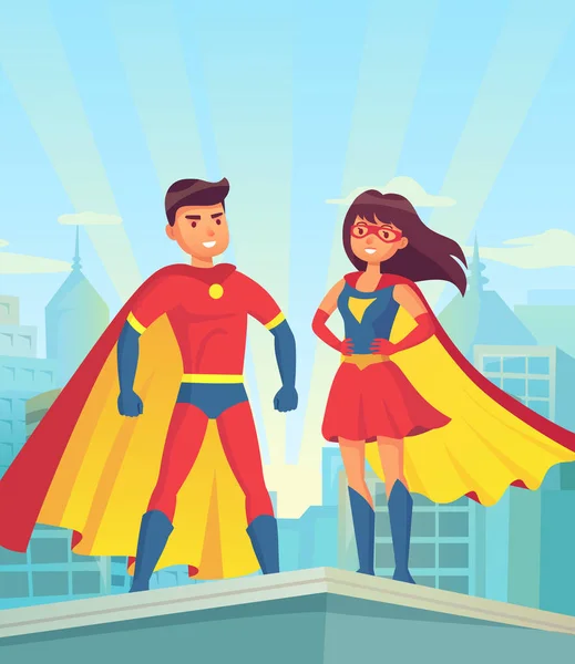 Super heroes. Comic couple superhero, cartoon man and woman in red cloaks on roof of city. Justice vector concept — Stock Vector