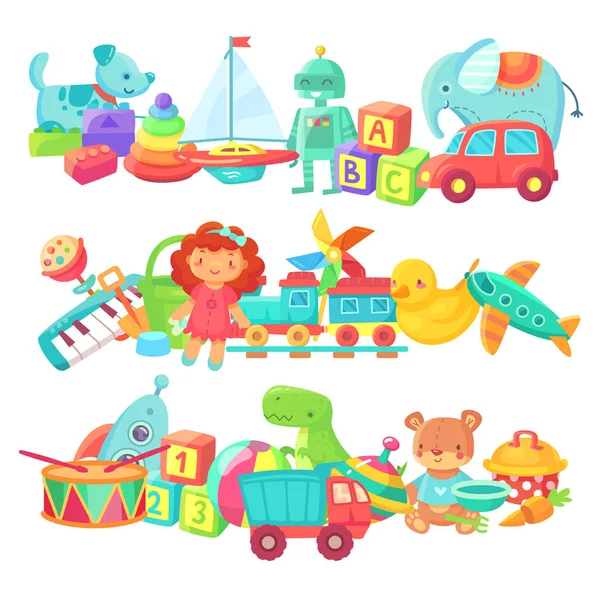 Montones de juguetes. Grupos de juguetes para niños. Dibujos animados bebé muñeca y tren, bola y coches, barco aislado niños vector conjunto — Vector de stock