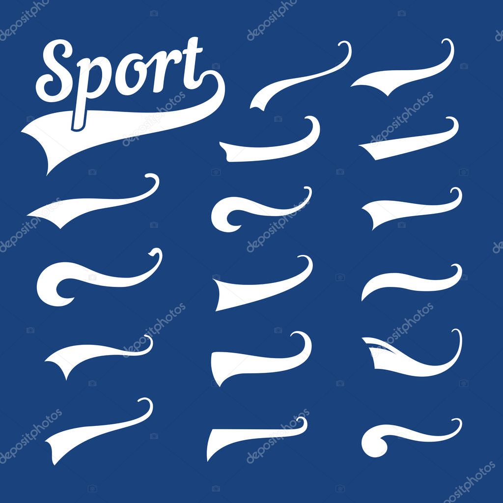 Baseball tails. Swoosh swash swish typography curly tail tee sports team pennant vintage curl and wave logo for american baseball shirt graphics banner vector isolated icon set