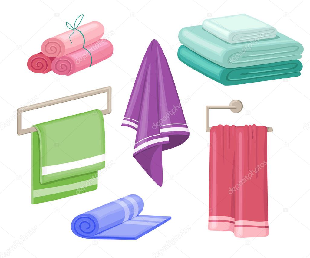 Household towels. Cotton bathroom hygiene towel vector isolated set