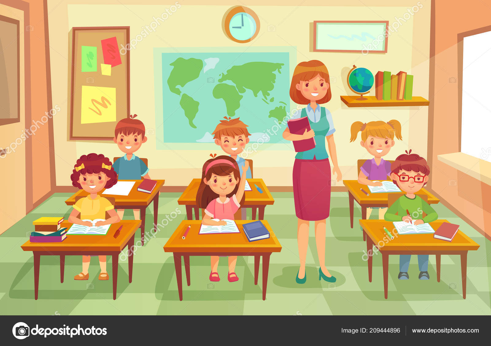 Pupils and teacher in classroom. School pedagogue teach lesson to pupil  kids. Schools lessons at class cartoon vector illustration Stock Vector  Image by ©.com #209444896