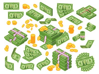 Çizgi film para. Dolar faturaları kağıt yığını, dolar ve banknot yığın yığını. Nakit kazık vektör çizim seti