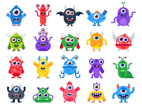 Un monstruo de dibujos animados. Monstruos felices lindos, mascotas de Halloween y divertidos juguetes mutantes. Criaturas aterradoras vector icono plano conjunto — Vector de stock