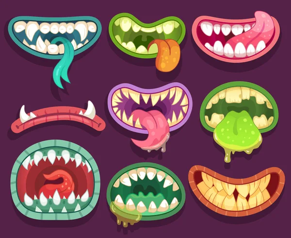 Monster munnar. Halloween läskiga monster tänderna och tungan i munnen. Rolig käkar och galen maws av bisarra varelser tecknade vektor set — Stock vektor