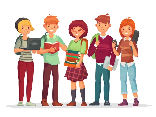 Groupe d'étudiants adolescents. Jeunes amis lycéens adolescents apprenant ensemble. Adolescent avec illustration vectorielle de sac à dos d'école — Image vectorielle