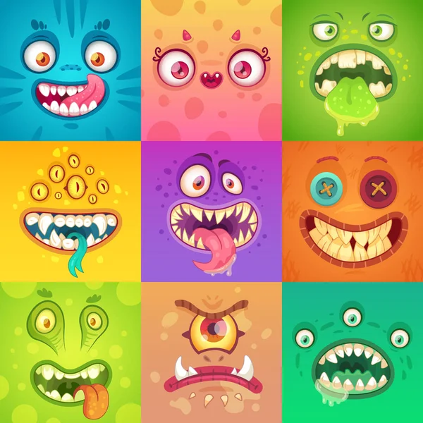 Lustige Halloween-Monster. niedliches und furchterregendes Monster-Gesicht mit Augen und Mund. seltsame Kreatur Maskottchen Charakter Vektor Illustration Set — Stockvektor