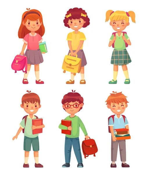Miúdos da escola primária. Desenhos animados crianças alunos com mochila e livros. Menino feliz e aluno menina em escolas conjunto vetor uniforme —  Vetores de Stock