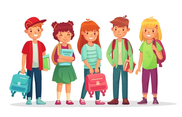 Group teen pupils. School boys and girls teens students with backpack and books. Kids pupil learning together vector illustration — Stock Vector