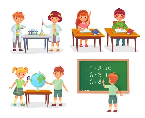 Kids on school lesson. Primary schools pupils on chemistry lessons, learn geography globe or sit at desk vector cartoon illustration — Stock Vector