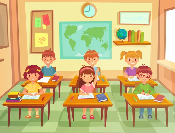 Tanuló gyerekek az osztályteremben. Általános iskola gyermekek diákok, fiúk és lányok tanulmány az iskolai osztály rajzfilm vektoros illusztráció mosolyogva — Stock Vector