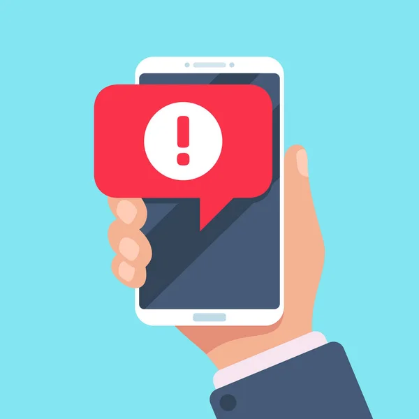 Mensagem de alerta notificação móvel. Alertas de erro de perigo, problema de vírus ou notificações de spam na ilustração do vetor da tela do telefone —  Vetores de Stock