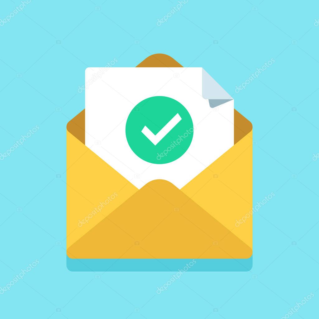 Check mark document in mail envelope. Approved tick marker, accepted or checked on letter. Confirmation email message vector icon