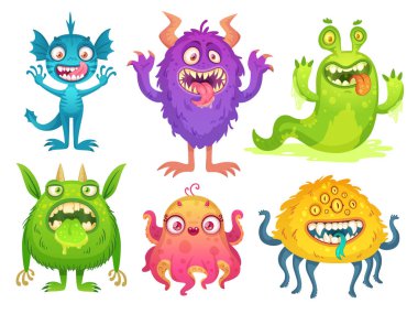 Karikatür canavar maskotu. Cadılar Bayramı komik canavarlar, boynuz ve tüylü kreasyonlar ile tuhaf gremlin. Çizgi film karakteri vektör çizim