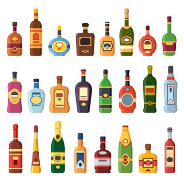 Alkol şişeleri. Alkollü içki içecek şişe votka, konyak ve likör. Viski, ROM veya brendi likör izole düz Icons set