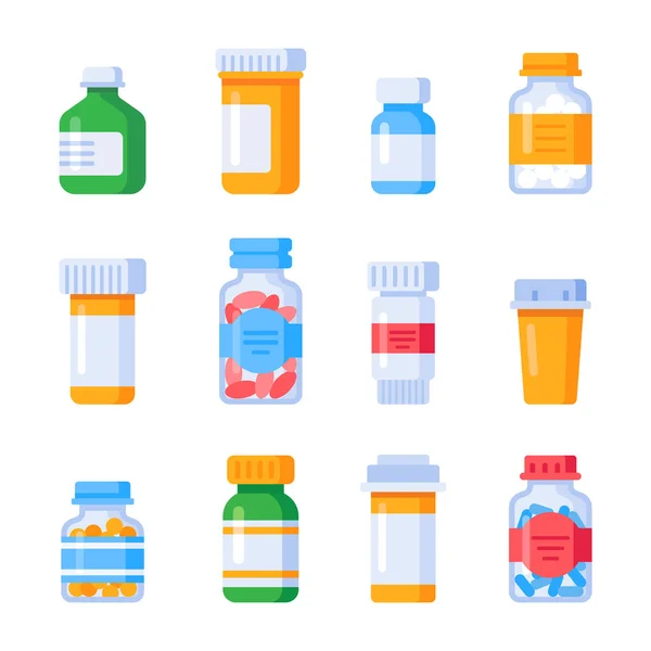 Platte geneeskundeflessen. Vitamine fles met voorschrift label, drug pillen container of vitaminen en mineralen pil geïsoleerd vector set — Stockvector