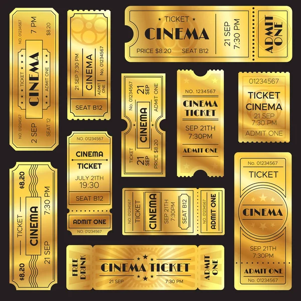 Realistic golden show ticket. Old premium cinema entrance tickets. Gold admission to movie theater or amusement shows vector set — Stock Vector