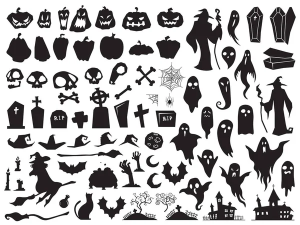 Halloween siluetter. Spooky ond häxa, läskiga graven kistan och guiden siluett. Pumpa, spindel och ghost vektor illustration set — Stock vektor