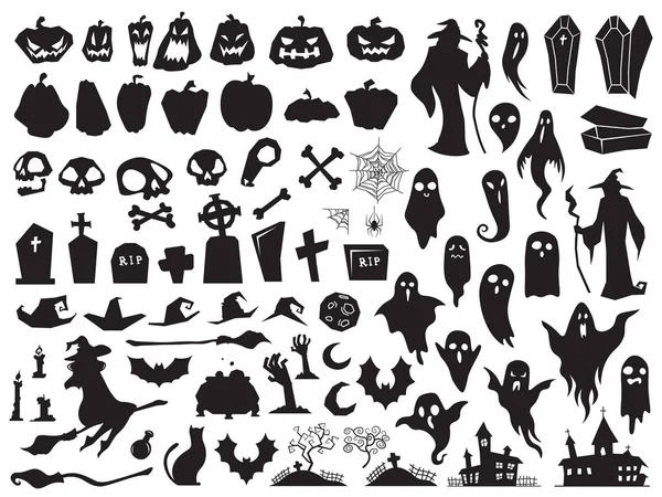 Silhouettes d'Halloween. Fantomatique sorcière maléfique, effrayant cercueil funéraire et silhouette de sorcier. Ensemble d'illustrations vectorielles citrouille, araignée et fantôme — Image vectorielle