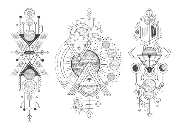 Planetenskizze des Sonnensystems. Parade von Planeten, Mondphasen und handgezeichneter Astrologie. astrologische Darstellung des Tätowiervektors — Stockvektor