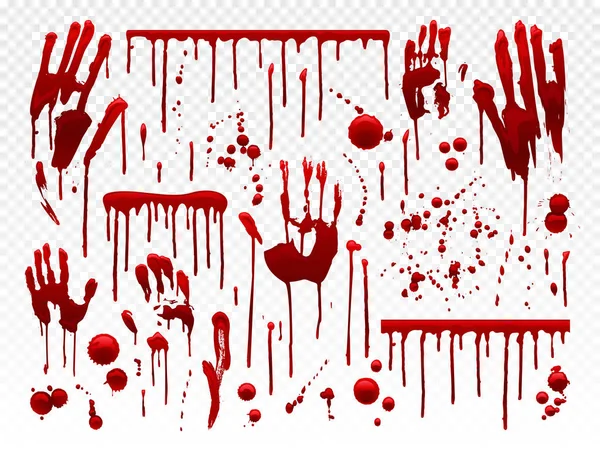 Goutte de sang. Peinture rouge éclaboussure, éclaboussures sanglantes d'Halloween et traces de saignement des mains. Ensemble vectoriel de texture d'horreur de sang égouttant — Image vectorielle