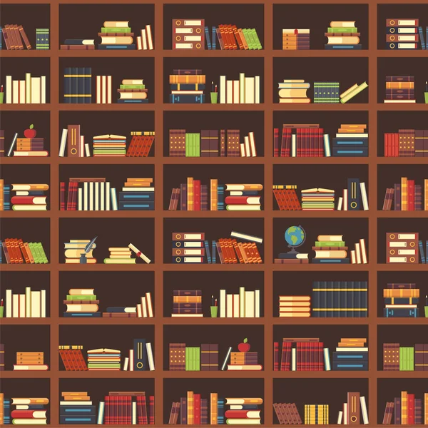 Knihy v knihovně bezešvé vzor. Skripta, učebnice vědy a časopisů v knihovně. Vysokoškolské učebnice vektorové pozadí — Stockový vektor