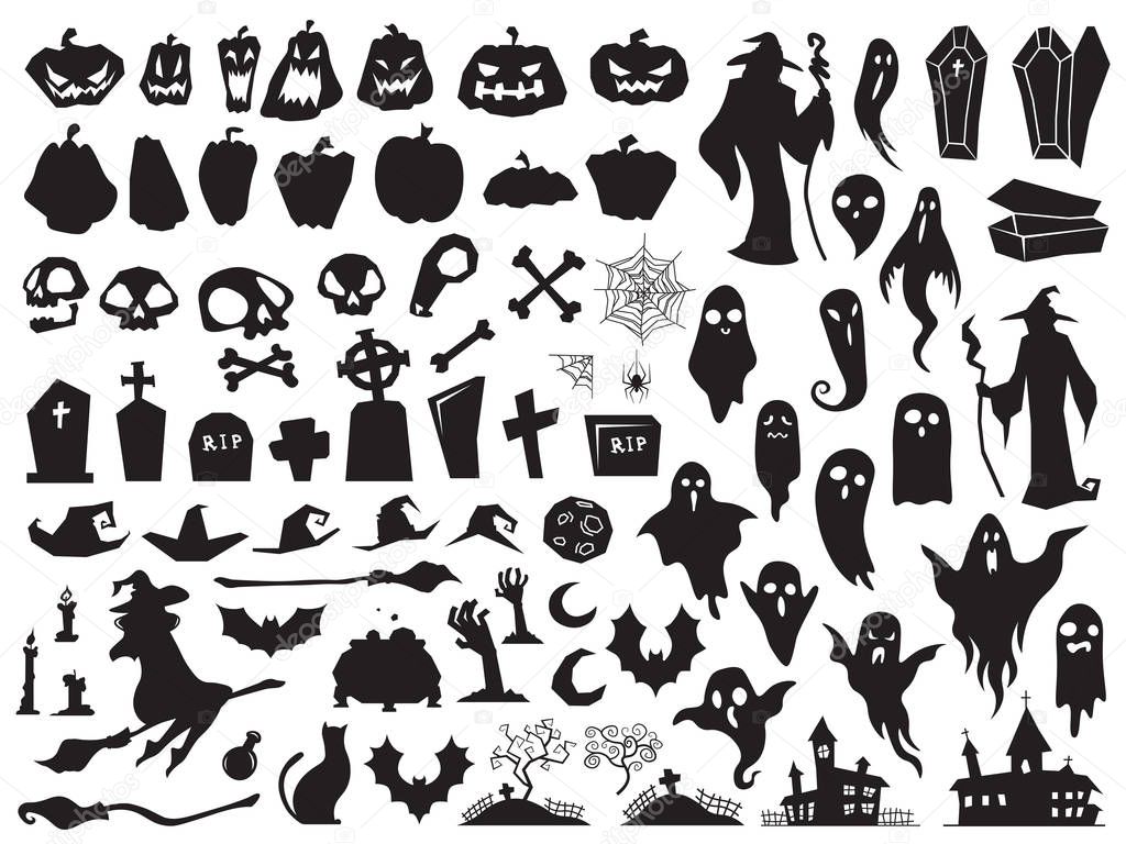 Halloween silhouettes. Spooky evil witch, creepy grave coffin and wizard silhouette. Pumpkin, spider and ghost vector illustration set